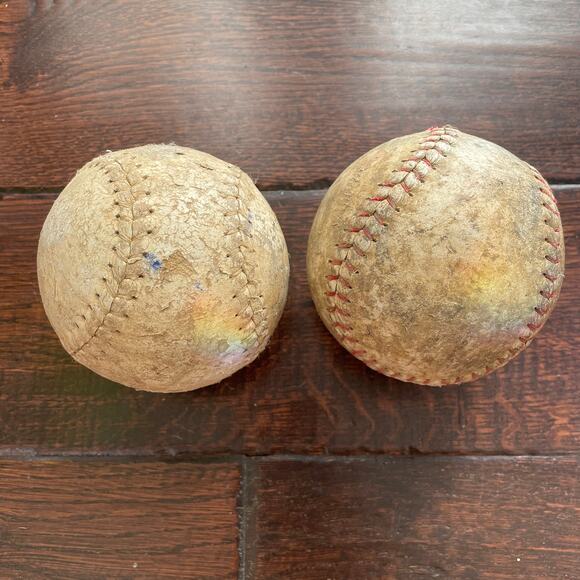 Vintage Softball Leather Baseballs Lot of 2 Worn Condition 1970s 80s 1 w/ Red - Picture 1 of 7
